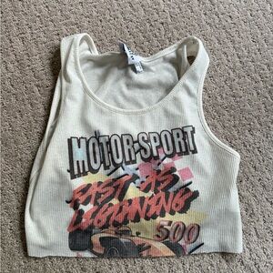 Princess Polly Cream Ribbed Crop Tank with Black Logo Tag